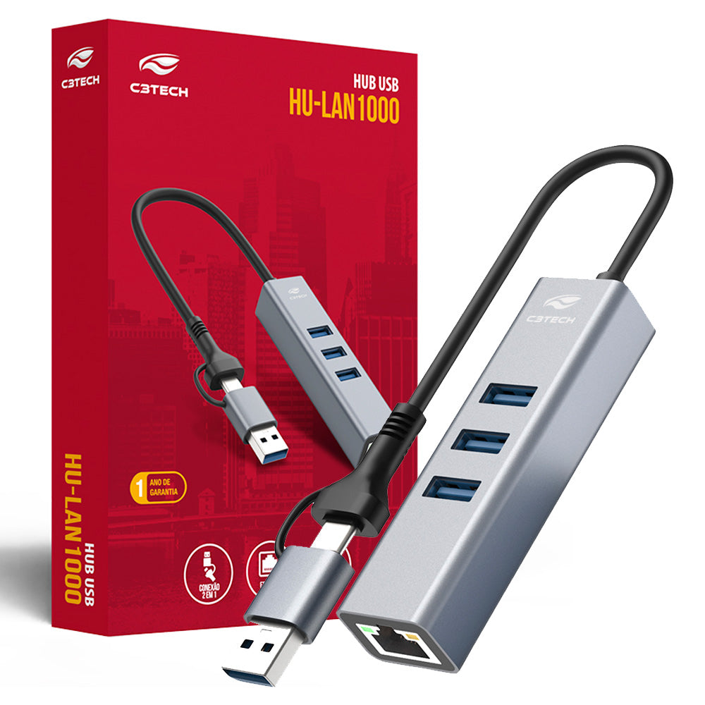 HUB USB-C 3.0 C3Tech HU-LAN1000GY, 4 Portas (3x USB-A 3.0 + RJ-45 Gigabit), Entrada Reversível USB-C/USB-A - Cinza
