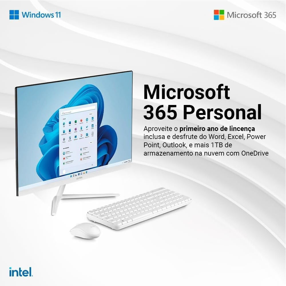 Computador All in One Ultra B830 Intel Celeron, 4GB RAM, SSD 120GB, Win 11, Microsoft 365 Personal + 1TB Nuvem, Branco