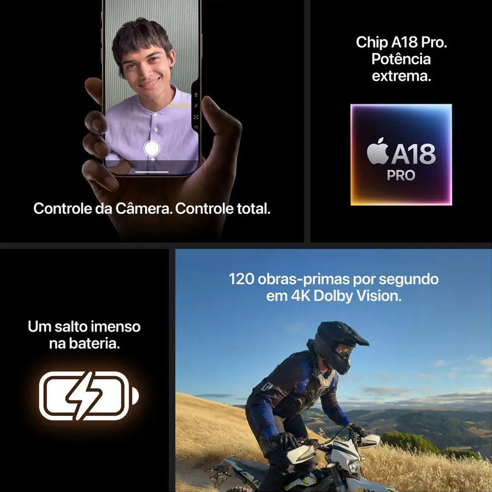 iPhone 16 Pro Titânio Natural, Apple, 1TB, Tela de 6.3'', 5G, Câmera Traseira 48 + 48 + 12MP, Frontal 12MP