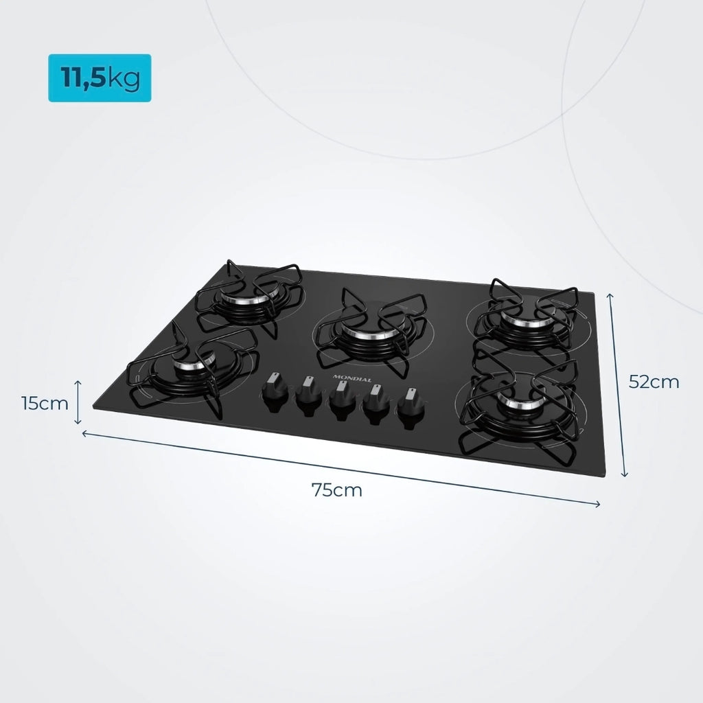 Cooktop 5 Bocas a Gás GLP Mondial CTG-02, Vidro Temperado Preto, Acendimento Automático, Bivolt