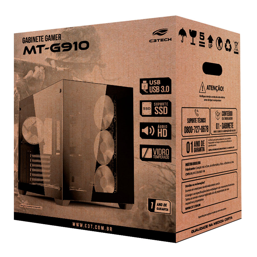 Gabinete Gamer C3Tech Aquarius MT-G910BK, Mid Tower, Vidro Temperado, ATX, Black, Sem Fonte, Preto