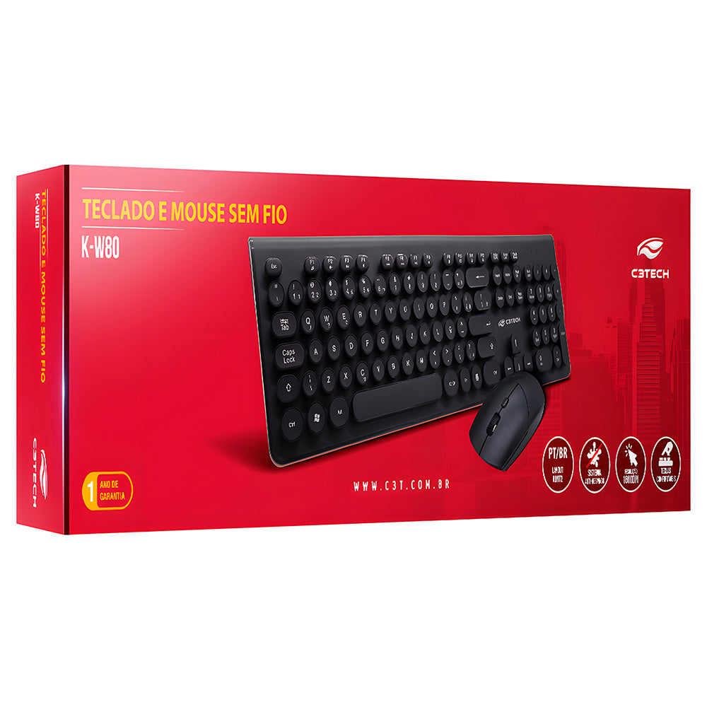 Kit Teclado e Mouse C3Tech K-W80BK, Wireless, ABNT2 Multimídia, 1600DPI, 4 Botões - Preto