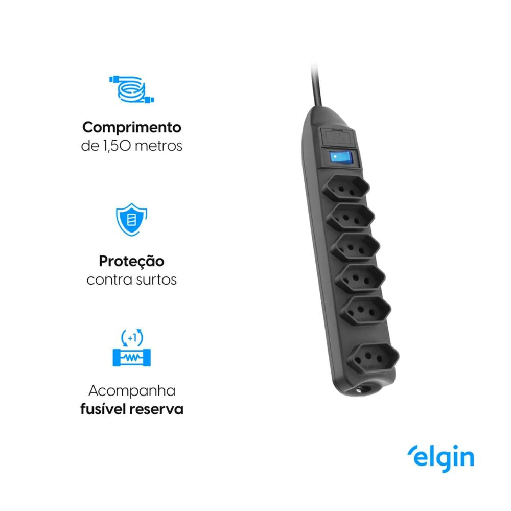 Protetor de Linha Elgin 6 Entradas 10A 2P + T, 110V/220V, Cabo 1,5 Metro, Preto (46RFL3060000)