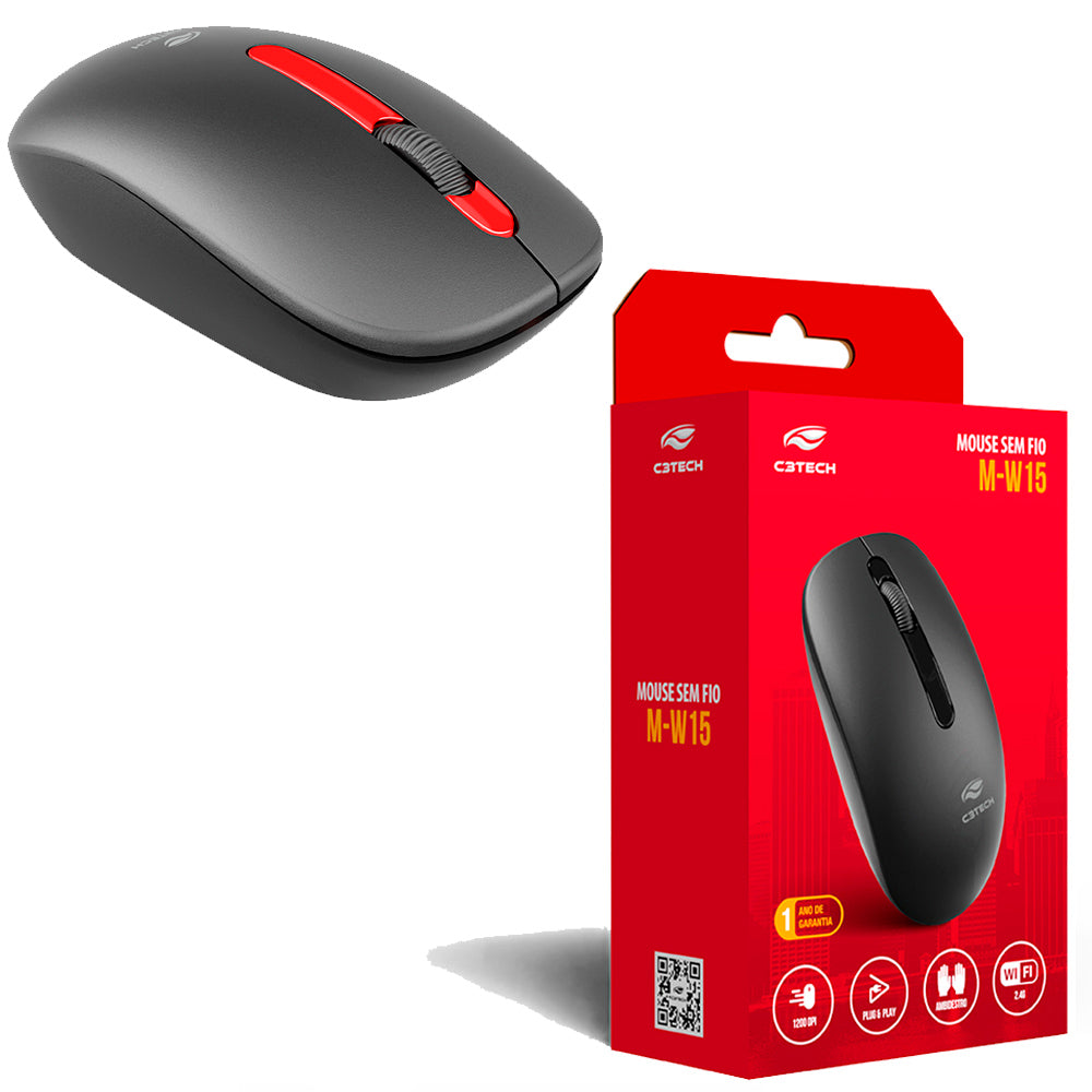 Mouse Sem Fio, Plug And Play, 1.200 DPI, M-W15RBK, C3Tech - Preto e Vermelho
