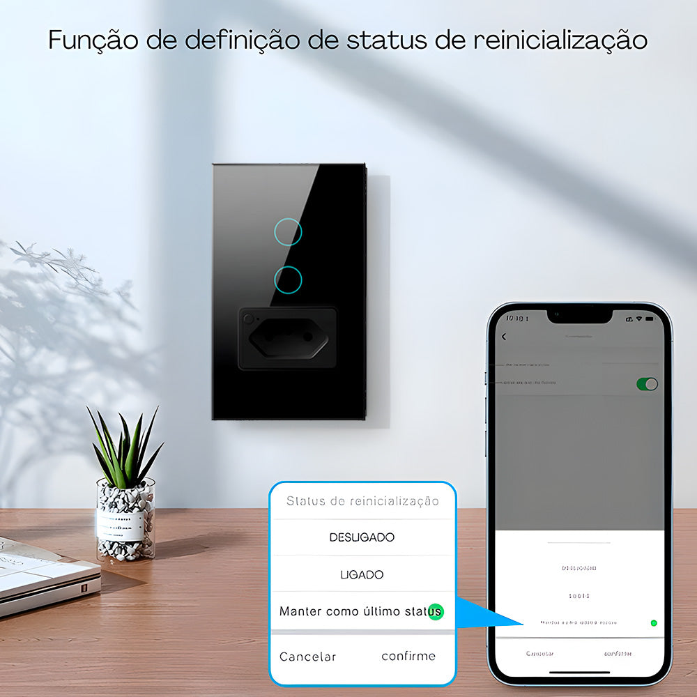 Interruptor Inteligente, Com Tomada, 2 Botões Touch, Wi-Fi, Compatível Com Alexa e Google Home, Avatto, Preto