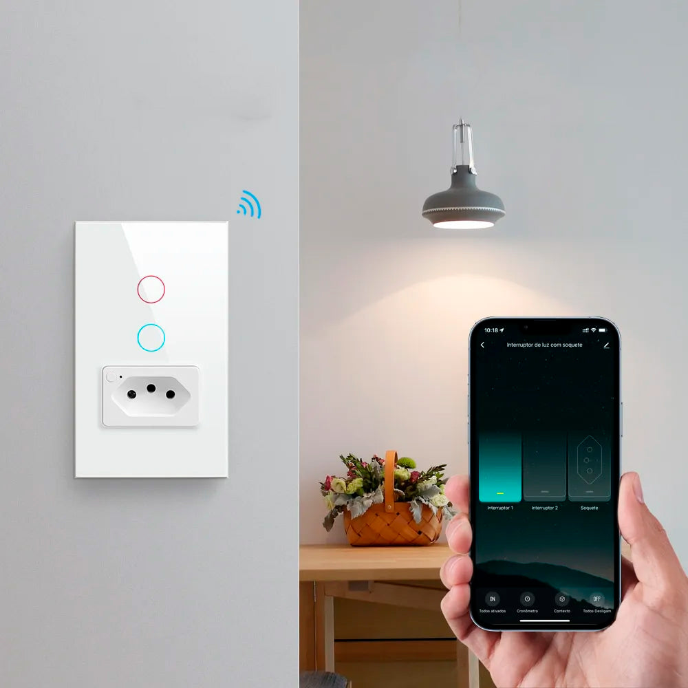 Interruptor Inteligente, Com Tomada, 2 Botões Touch, Wi-Fi, Compatível Com Alexa e Google Home, Avatto, Branco