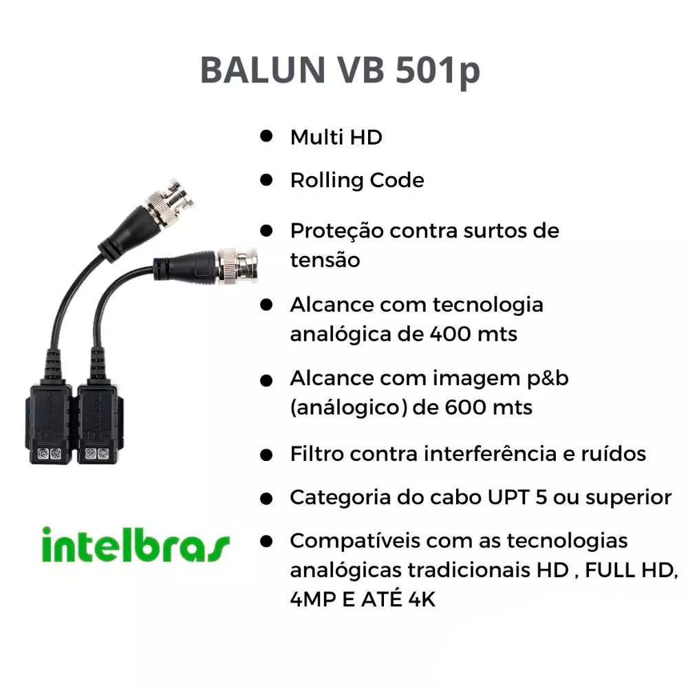 Par Balun Passivo Intelbras VB 501P G2, Transmissão de Vídeo HD, Até 400 Metros, Cat5/ Cat6