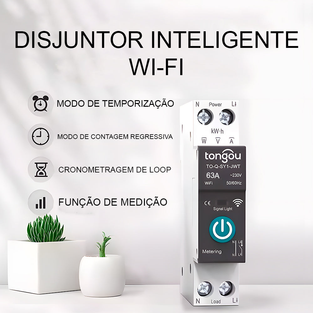 Disjuntor Inteligente Wi-Fi 63A, Compatível Com Google Assistant e Alexa, Tongou, Com Medição, Preto