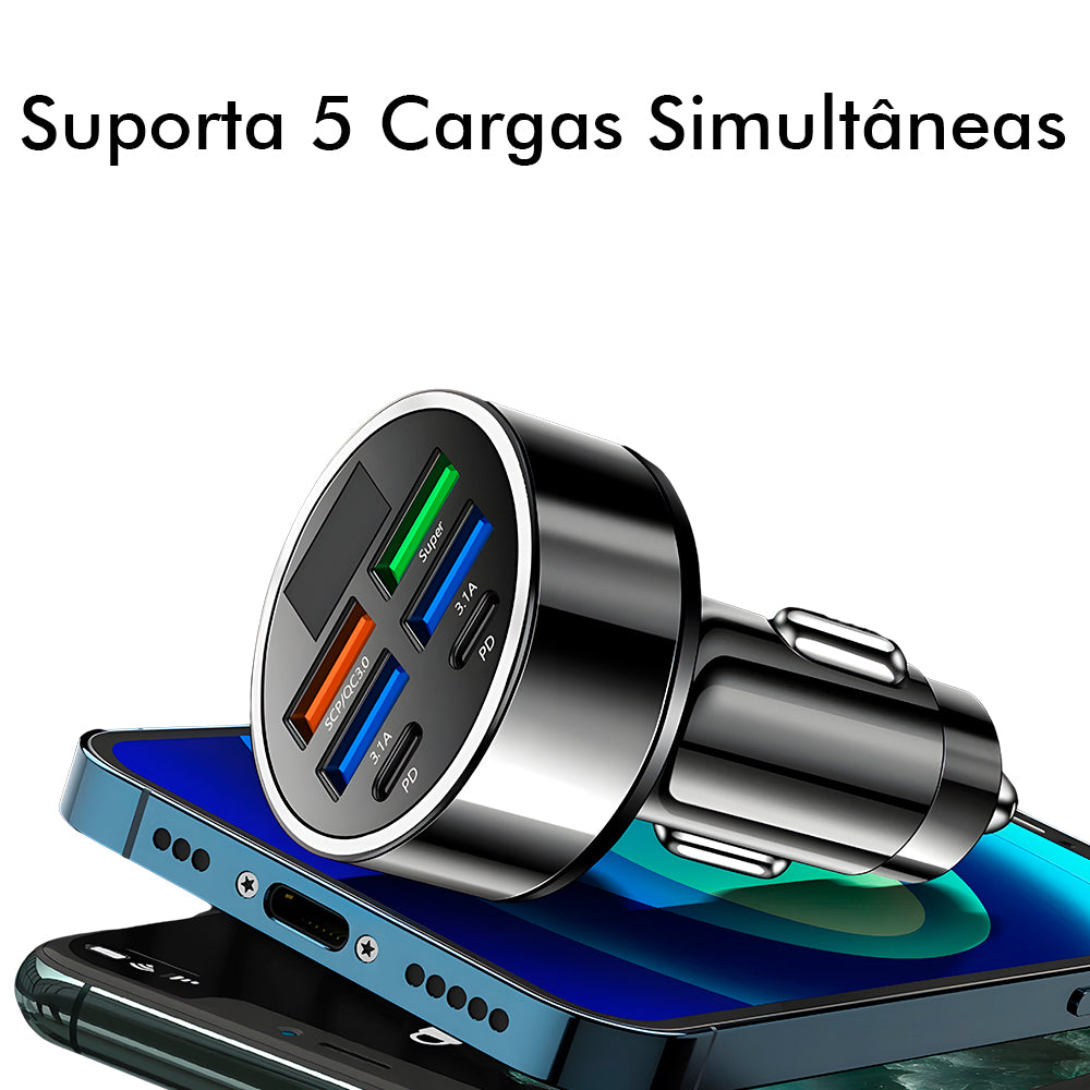 Carregador Veicular Fast Charging Com 4 Portas USB 3.1A, Duas Portas USB-C e Display Digital - Preto