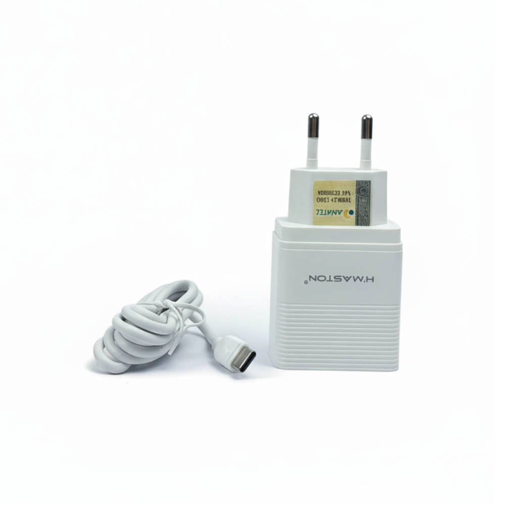 Carregador Turbo H'Maston Y46-3, com 2 Portas USB, Saída 6.1A, 5V, Bivolt 100-240V, com Cabo Tipo-C, Branco