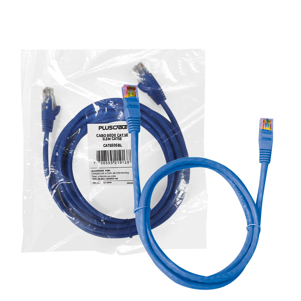 Cabo de Rede Cat5.E 0.5M 50cm CAT5E05BL Patch Cord, PlusCable - Azul