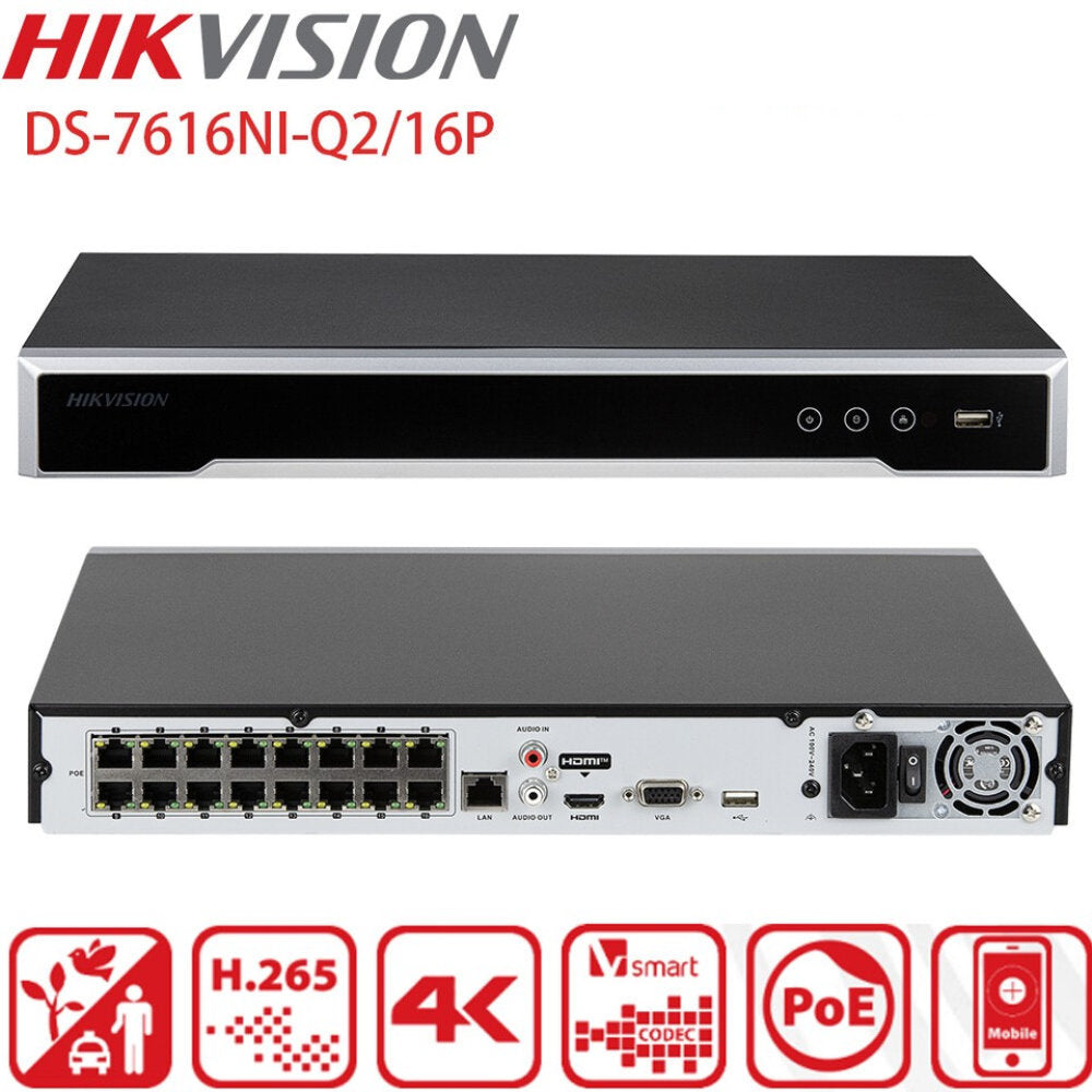 NVR Hikvision DS-7616NI-Q2/16P, 16 Canais IP, 4K Ultra HD, 16 Portas PoE, H.265+, HDMI/VGA