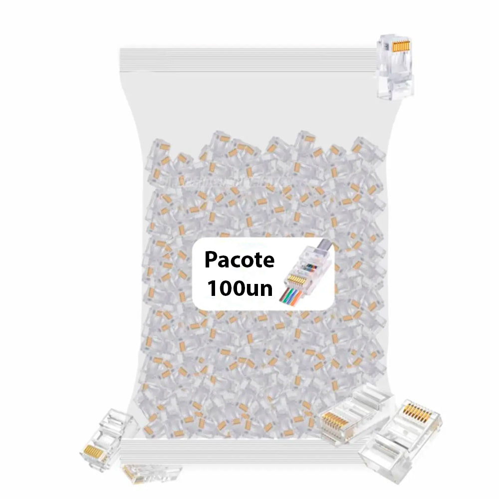 Conector Cristal RJ45 Cat5e/Cat6e EZ Exbom Vazado, CONT-RJ45V1K, 8P8C - Pacote com 100 Unidades
