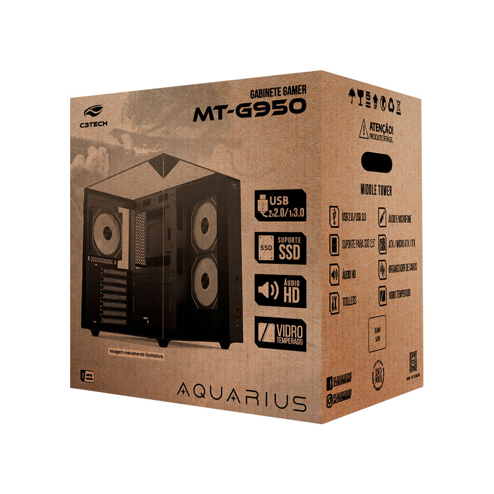 Gabinete Gamer Aquário C3Tech MT‑G950BK, Mid Tower, Vidro Temperado, USB 3.0, Sem Fonte, Preto - Aquarius