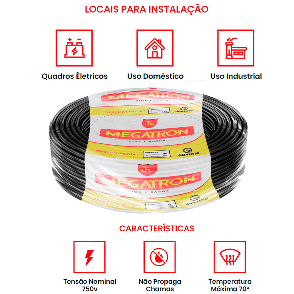 Rolo de Cabo Flexível 100 Metros, Fio Elétrico Megatron 6MM 750V - Preto