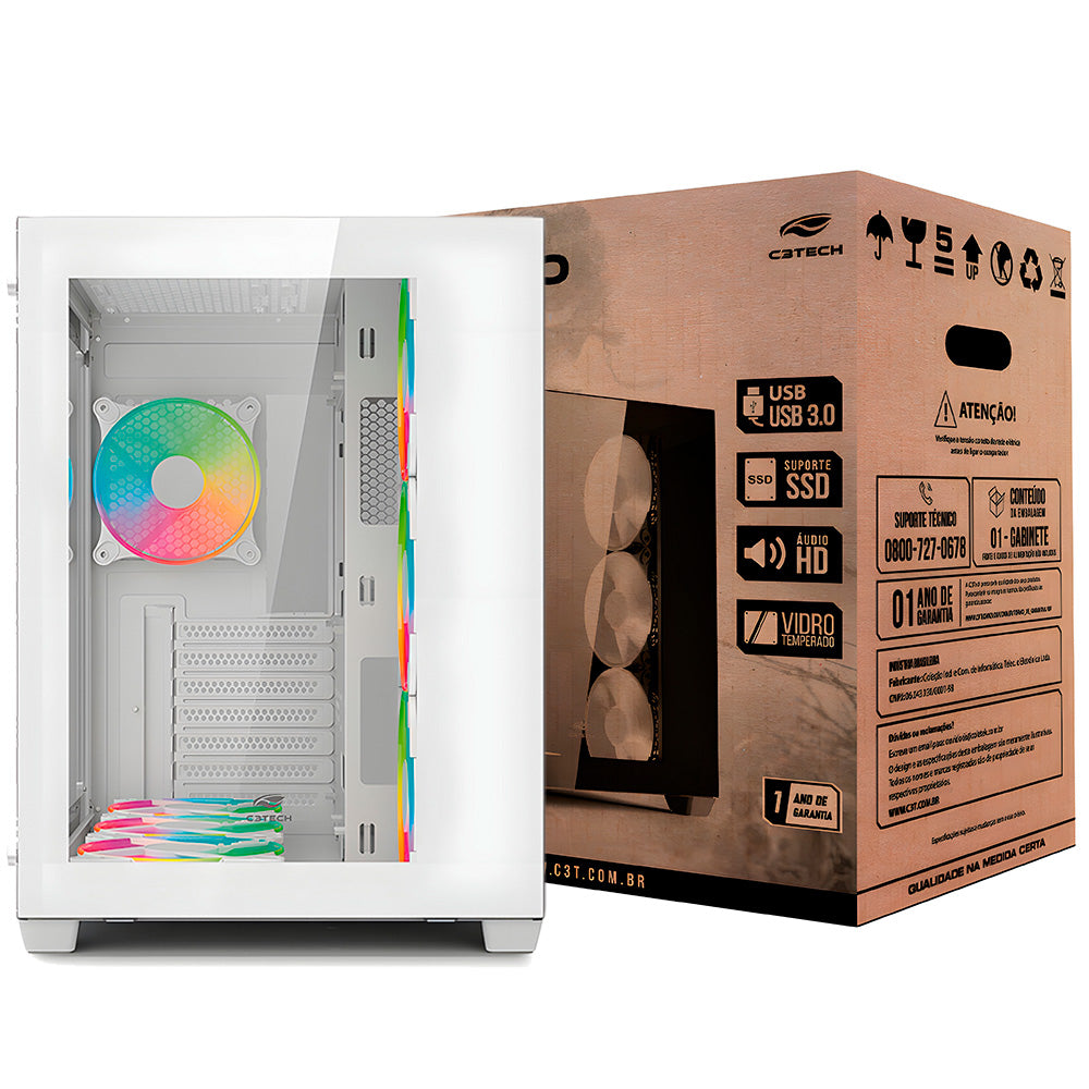 Gabinete Gamer C3Tech Gaming Aquarius MT-G910WH, Mid Tower, Lateral Em Vidro Temperado, Sem Fonte - Branco