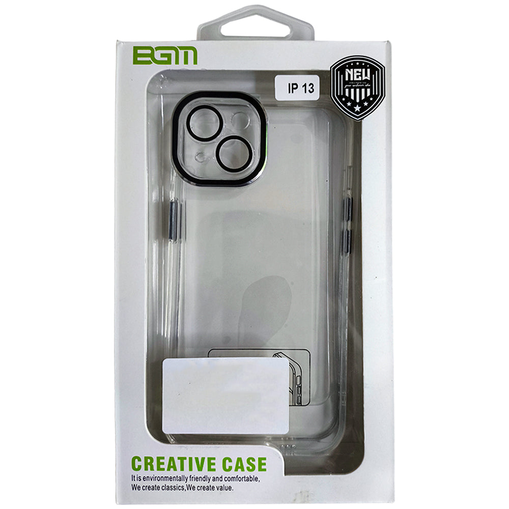 Capa Para iPhone 13, Transparente, Acabamento em Acrílico, Proteção da Câmera, Detalhes em Preto, BGM