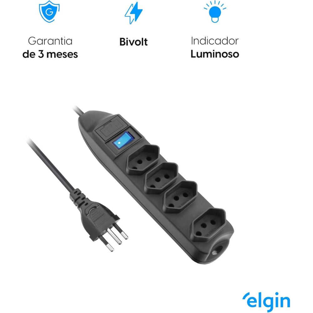 Protetor de Linha Elgin 4 Entradas 10A 2P + T, 110V/220V, Cabo 1,5 Metro, Preto (46RFL3040000)