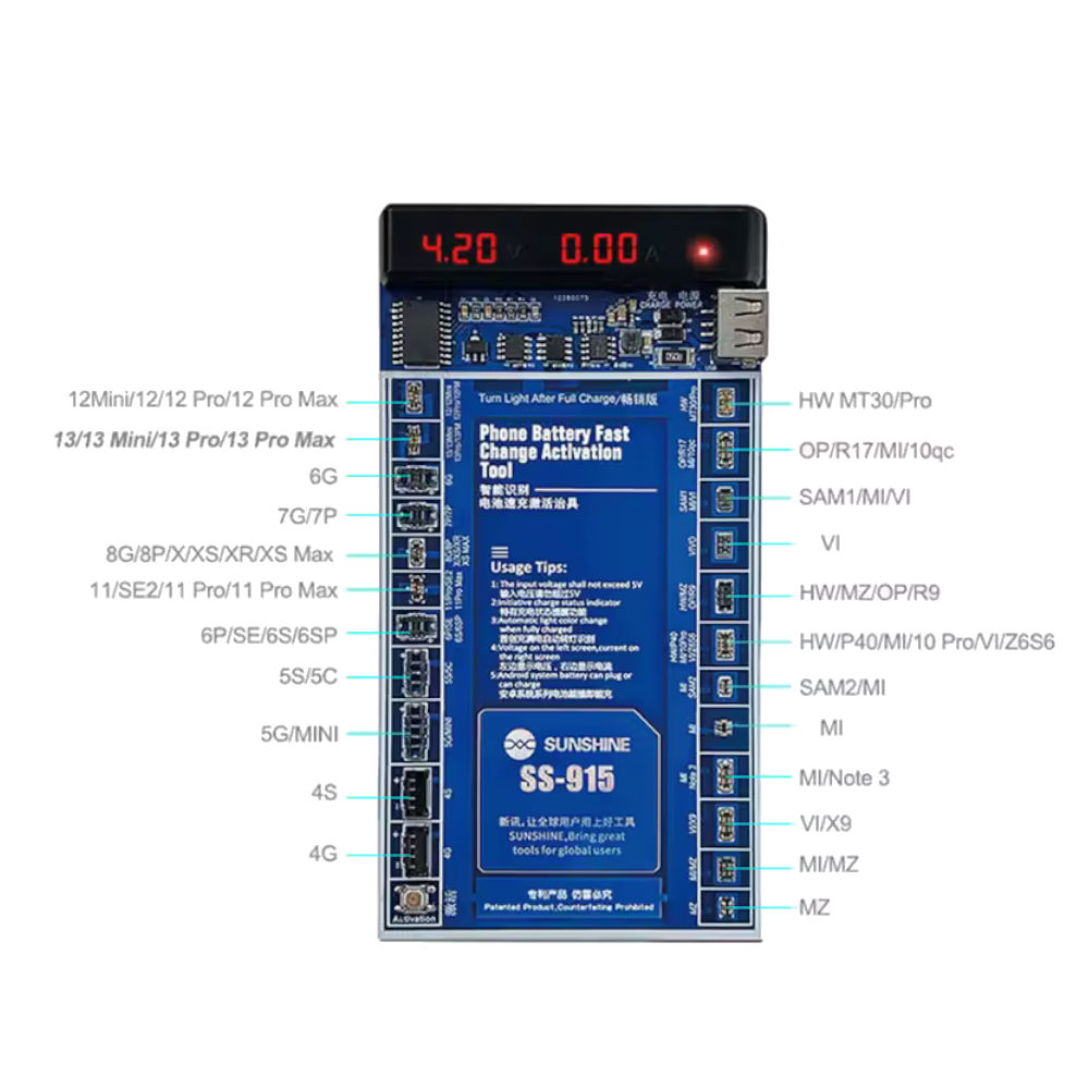 Placa para Ativação de Bateria Sunshine V8.0 SS-915, Para iPhone e Android, Display LED