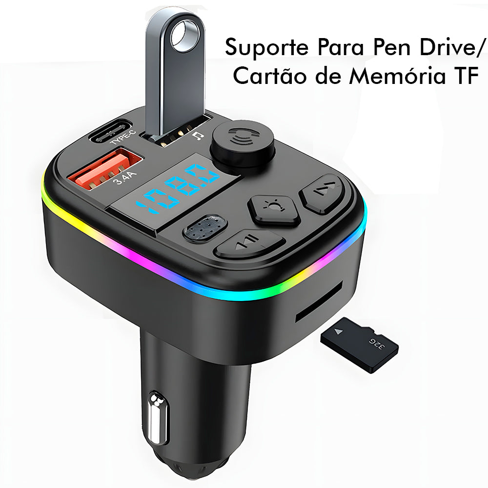 Carregador Veicular Com Duas Entradas USB e Uma USB-C, Suporta Cartão de Memória, Com Função Atender Chamadas