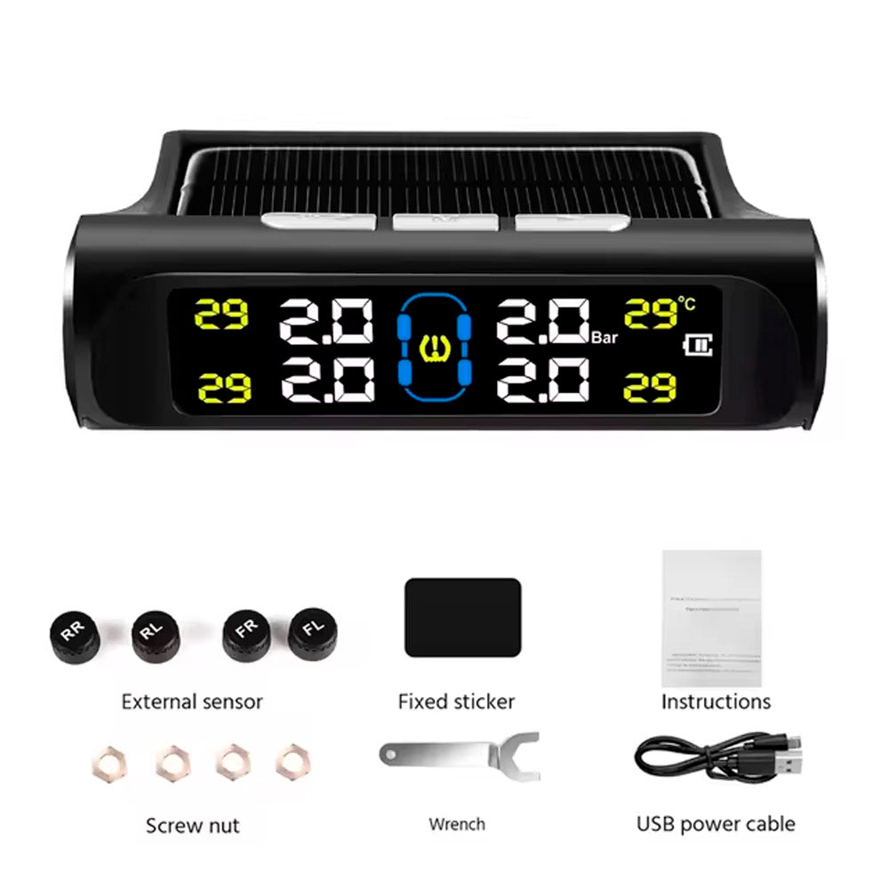Sistema de Monitoramento de Pressão de Pneus TPMS, Com Carregamento Solar - Preto