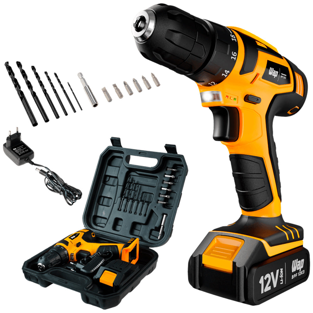 Parafusadeira E Furadeira WAP A Bateria Li-Ion 12V BPF 12K3 Carregador Bivolt Sem Fio Com Maleta E Kit De 13 Acessórios
