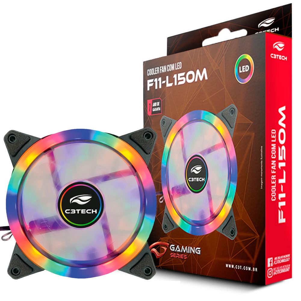 Cooler Fan Gamer, F11-L150M, 1.200 RPM, Multicores, 12cm, C3Tech Gaming, Preto