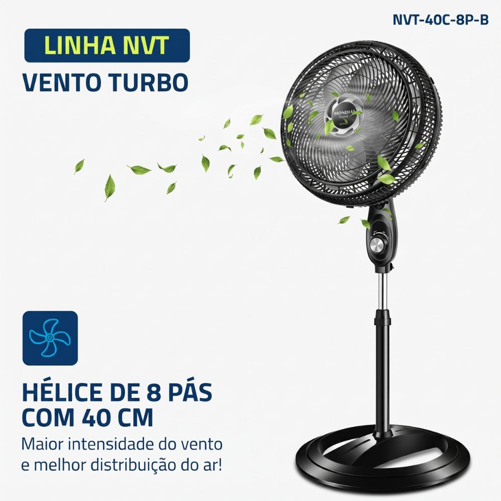 Ventilador de Coluna 40cm Mondial Turbo NVT-40C-8P-B Com 8 pás, 3 Velocidades, 140W, 220V - Preto/Prata