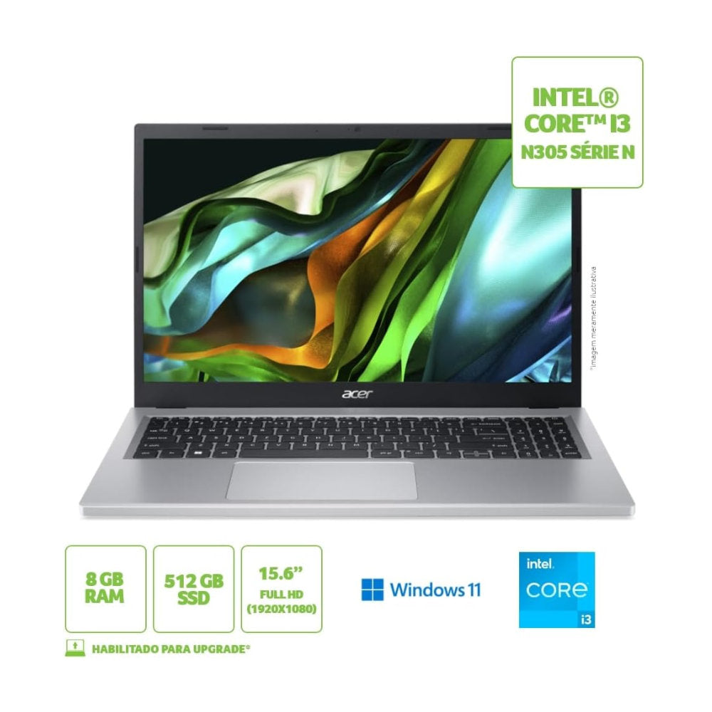 Notebook Acer Aspire 3 A315-510P-35D2 Intel Core i3-N305 RAM 8GB LPDDR5 SSD 512GB 15.6" Windows 11 - Cinza