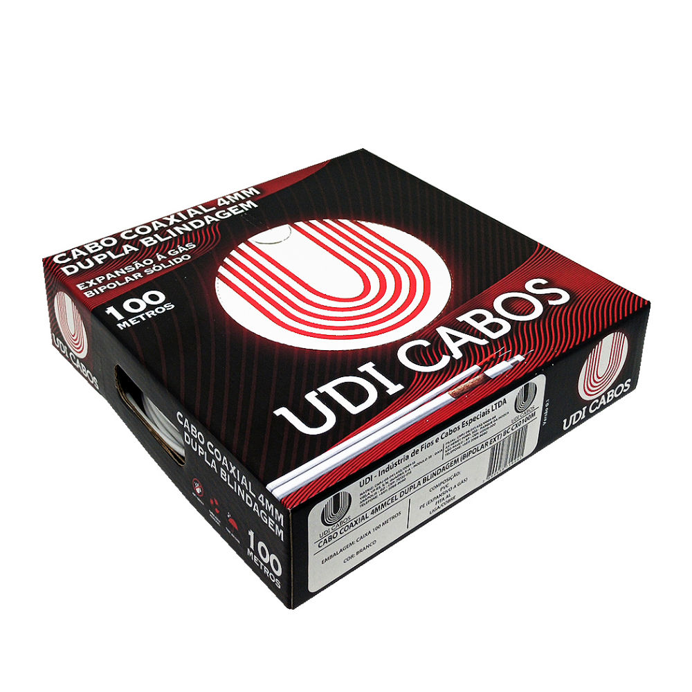 Caixa com 100 Metros de Cabo Coaxial Bipolar 4mm com Dupla Blindagem, UDI Cabos, Para uso Exterior, Anti-Chama - Branco