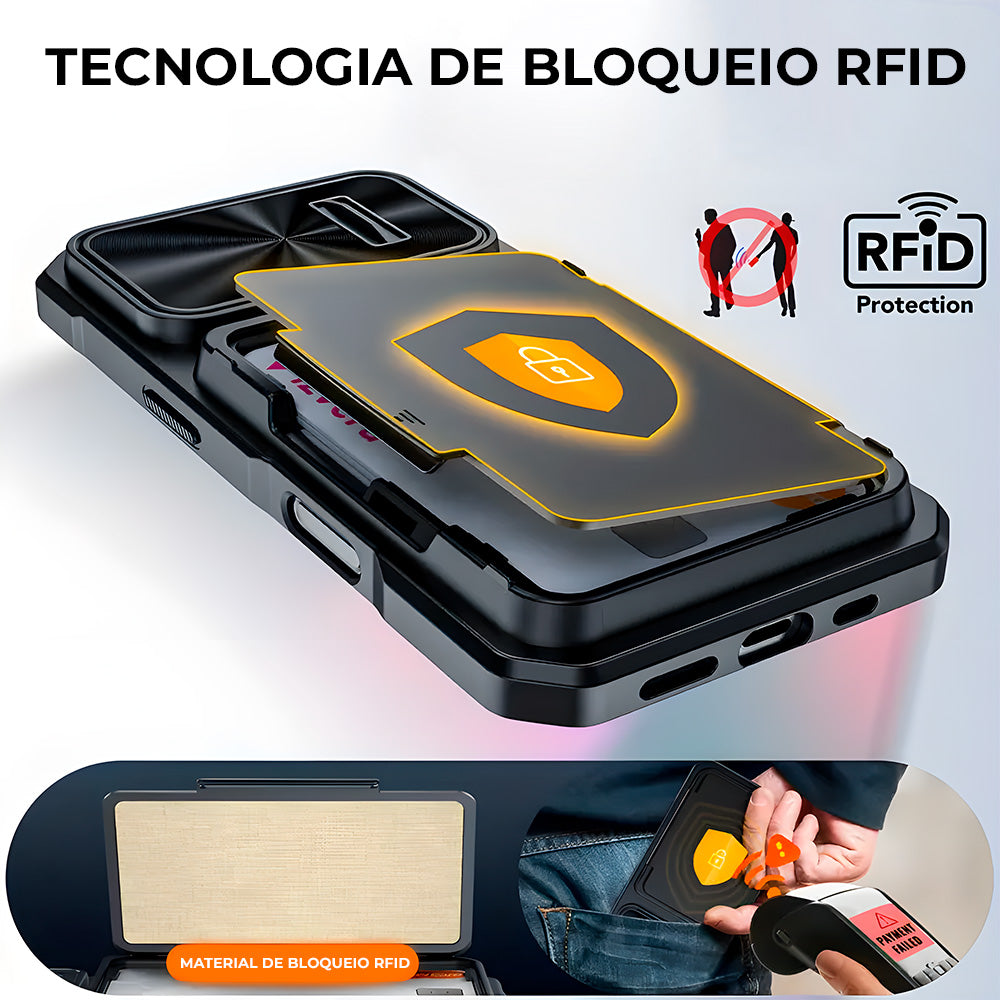 Capa Resistente Para iPhone 16 Pro Max, Com Porta Cartões, Slider Proteção Câmera, Preto