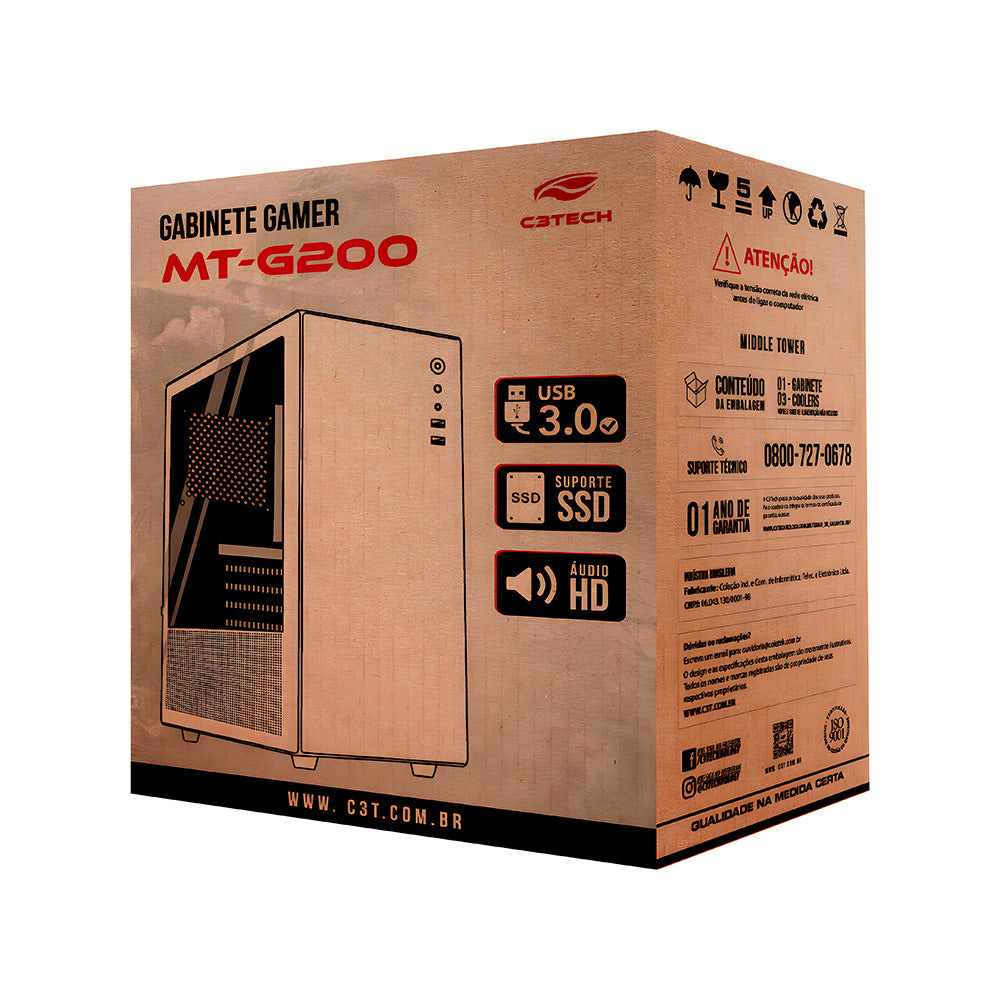 Gabinete Gamer C3Tech MT-G200WH, Lateral Em Vidro Temperado, Com 3 Coolers Fans S/Fonte