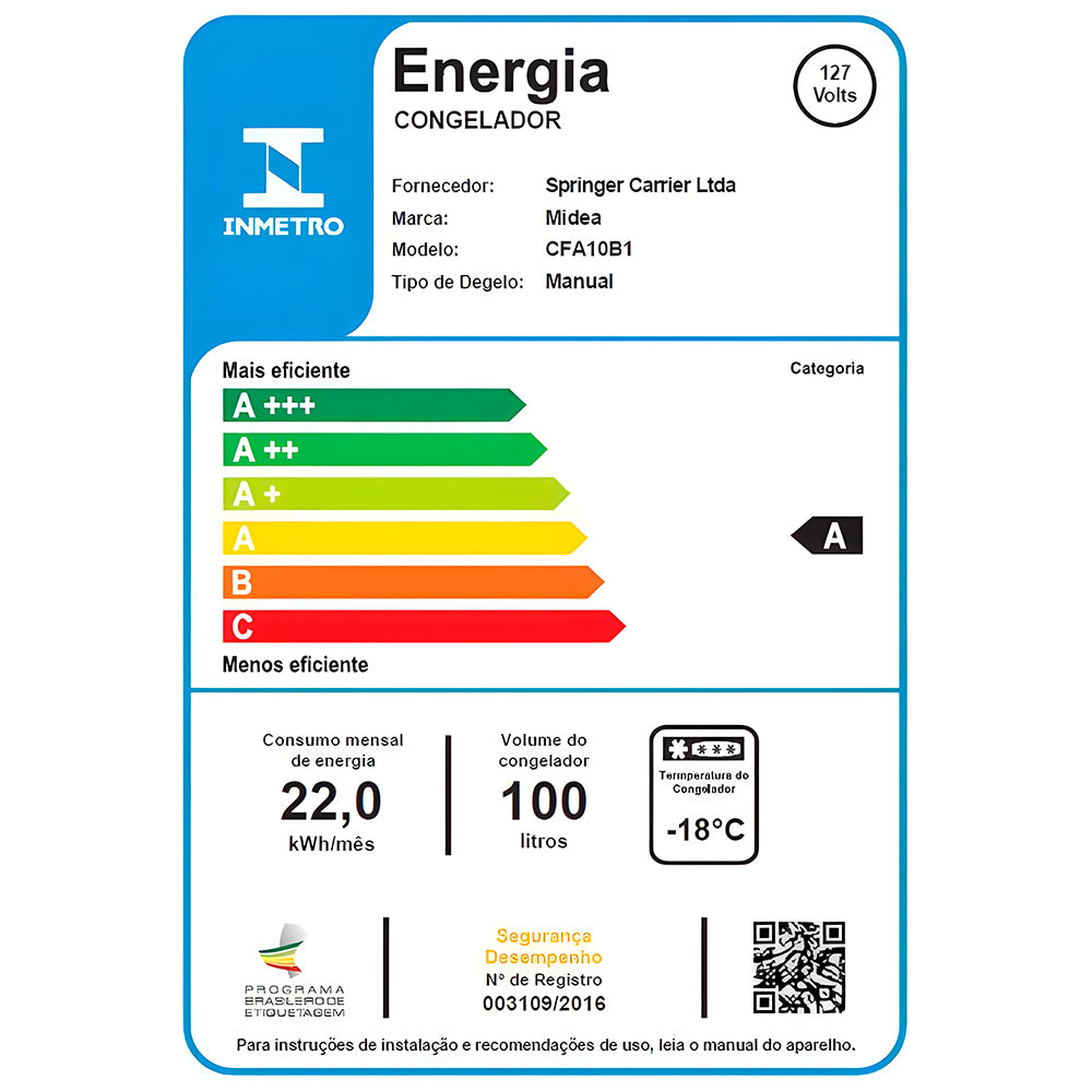 Freezer Horizontal 100 Litros, Midea, 127V, Branco, CFA10B1