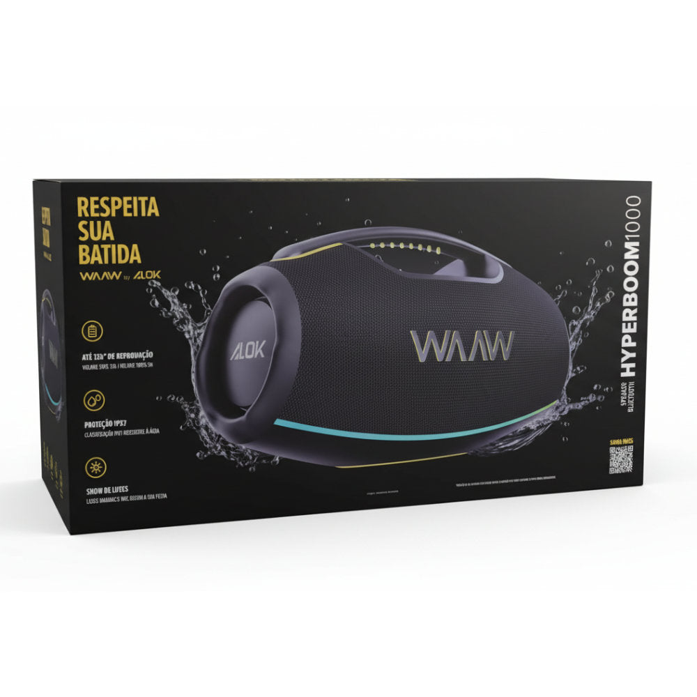 Caixa de Som Bluetooth Waaw by Alok Hyperboom 1000 Preto, 180W, RMS, IPX4, Bateria 24h, TWS, Party Mode