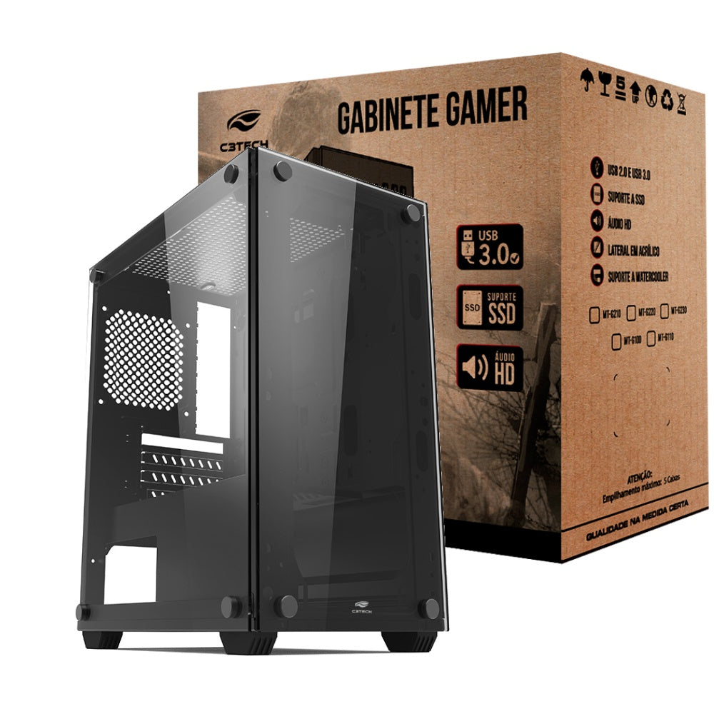 Gabinete Gamer C3Tech MT‑G110BK, Mid Tower, Vidro Temperado, Filtro Antipoeira, Organizador De Cabos, S/Fonte - Preto