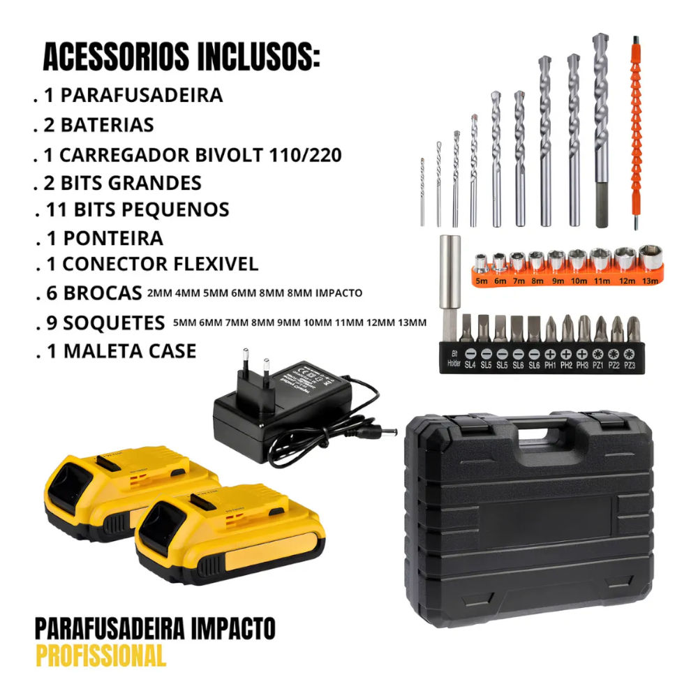 Parafusadeira Furadeira De Impacto Profissional 21v TB-21PX 2 Baterias Sem Fio E Acessórios Com Maleta 60Hz Amarelo
