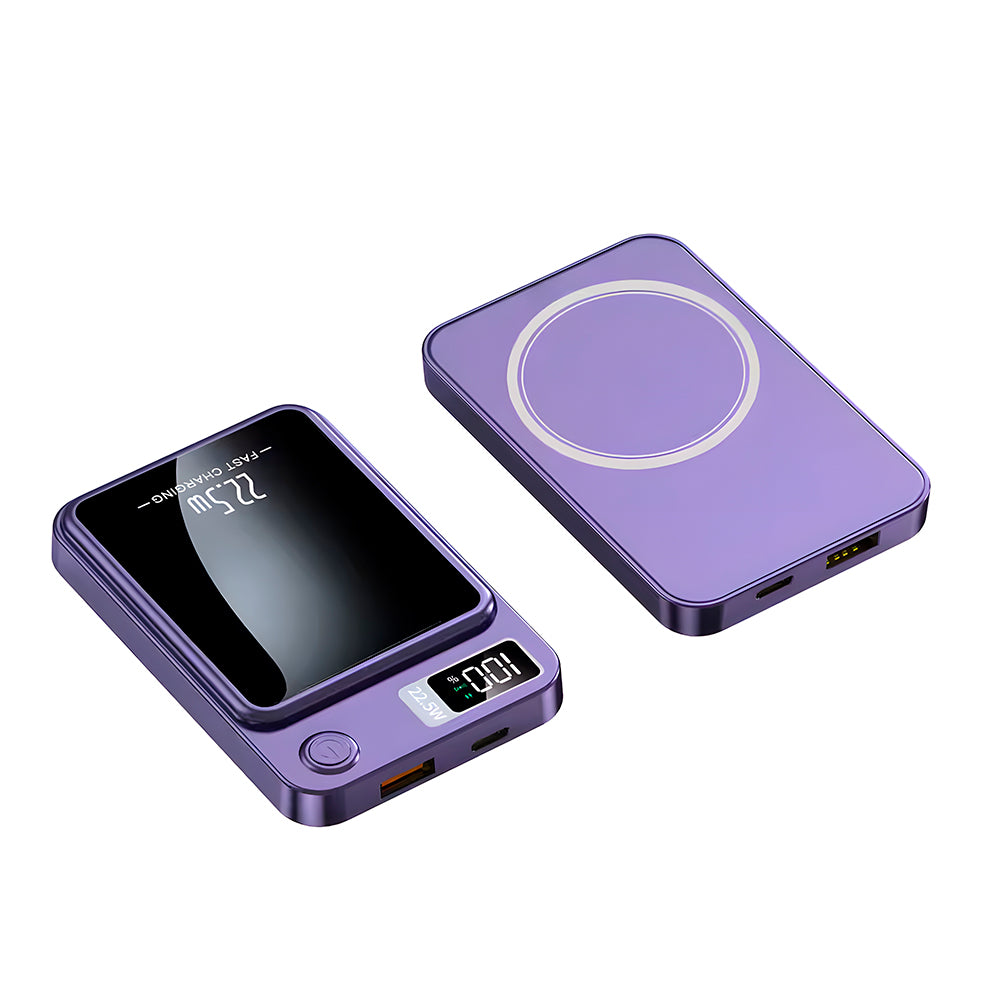 Carregador Portatíl Power Bank Magnetico 10000mAh Com Cabo USB-C, Uma Entrada USB e Uma Entrada USB-C - Roxo