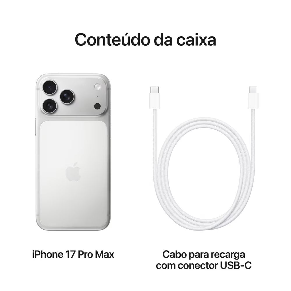 iPhone 17 Pro Max Apple 256GB Prateado, Chip A19 Pro, Tela 6.9" Super Retina XDR, Câmera 48MP, USB-C, 5G, MFYM4BE/A