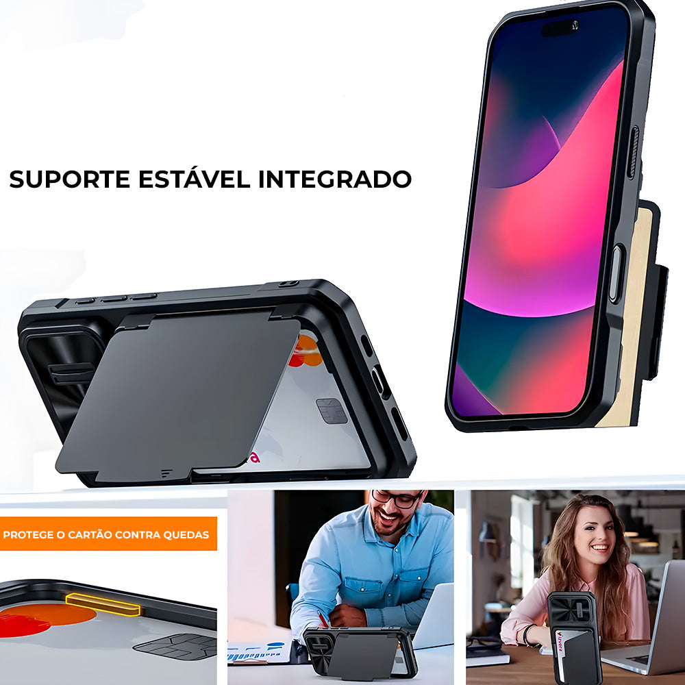Capa Resistente Para iPhone 16 Pro Max, Com Porta Cartões, Slider Proteção Câmera, Preto