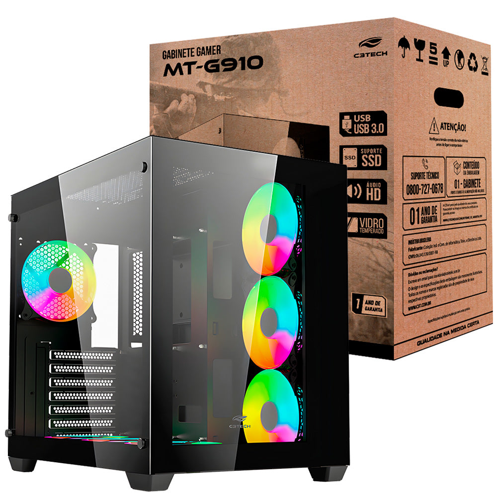 Gabinete Gamer C3Tech Aquarius MT-G910BK, Mid Tower, Vidro Temperado, ATX, Black, Sem Fonte, Preto