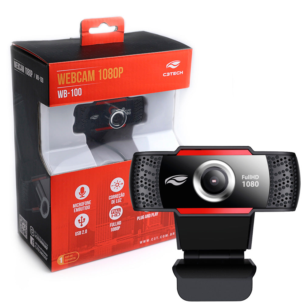 WebCam Full HD 1080P Com Microfone USB 2.0 Plug And Play C3Tech WB-100BK
