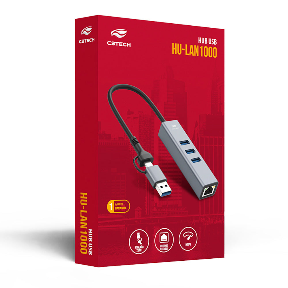HUB USB-C 3.0 C3Tech HU-LAN1000GY, 4 Portas (3x USB-A 3.0 + RJ-45 Gigabit), Entrada Reversível USB-C/USB-A - Cinza