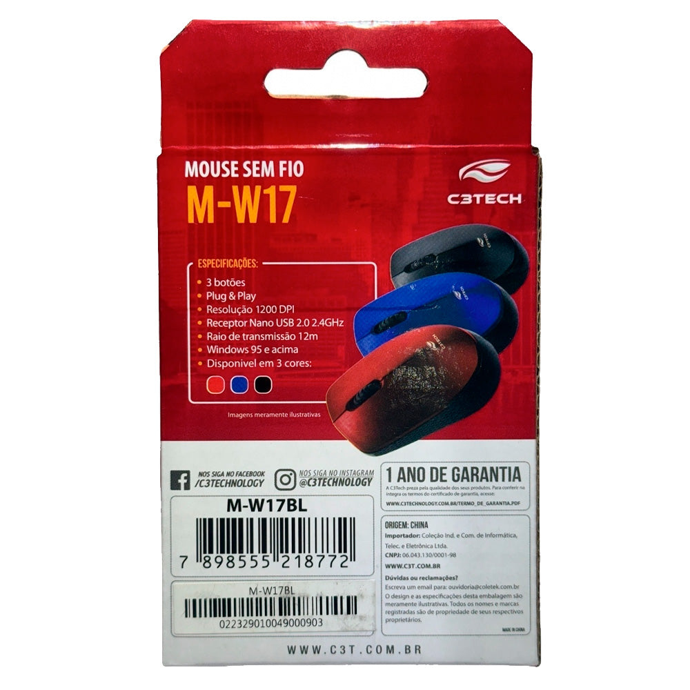 Mouse Ópitco Sem Fio, 2.4GHz, 1.200 DPI, M-W17BL, C3Tech, Plug and Play, Azul