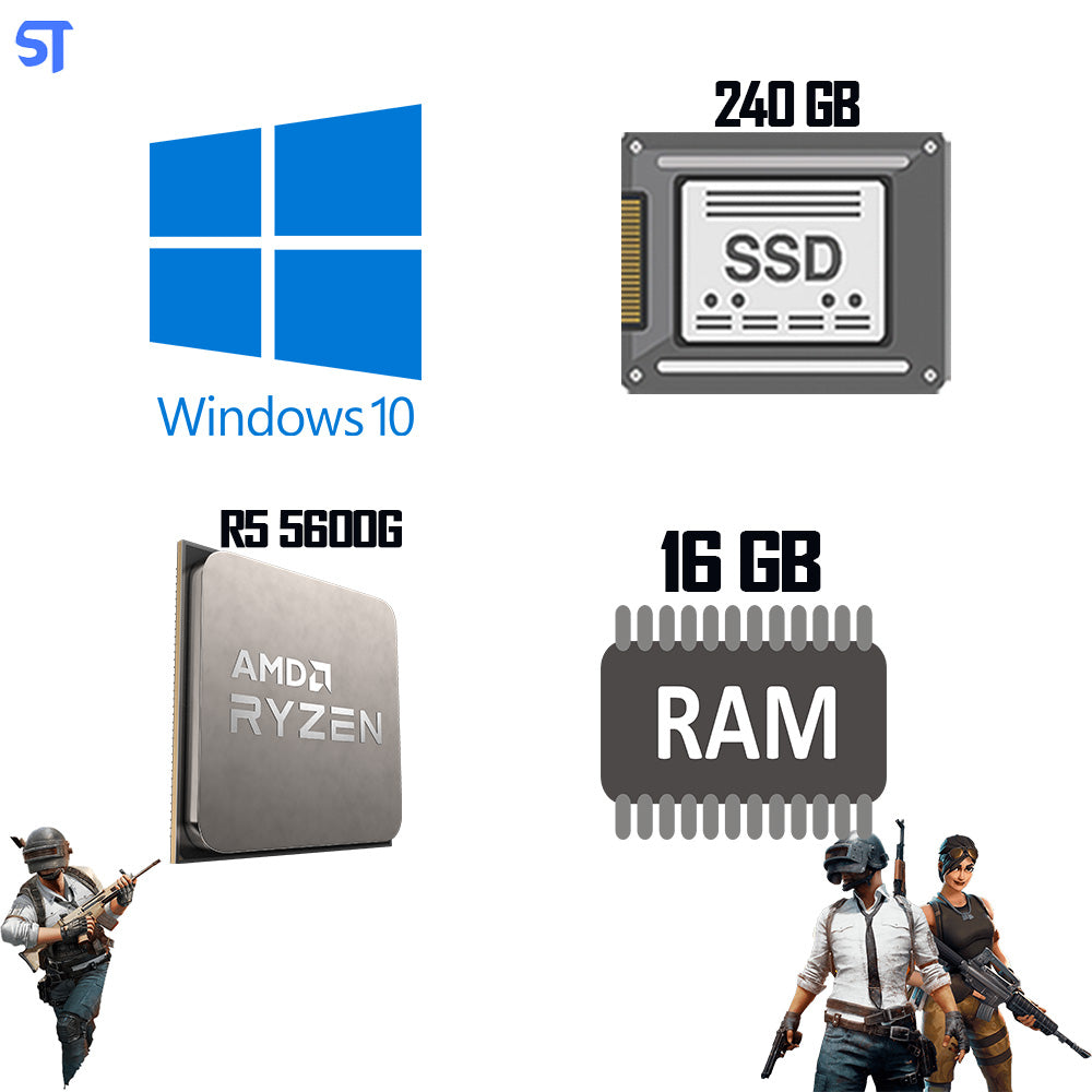 Computador Gamer AMD Ryzen 5 5600G - Placa Mãe B450MH - SSD 240GB - Memória 16GB DDR4 - GaB MT32BK - Windows10