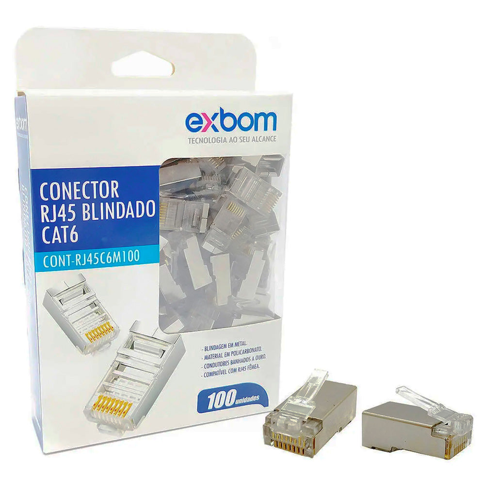 Conector RJ45 Cristal Blindado 8p8c CAT6e Exbom C6m100 Sup Gigabit 30m Pacote Com 100 pçs
