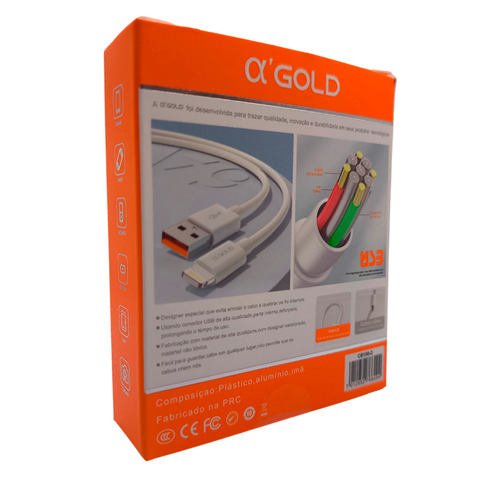 Cabo De Dados e Carregamento Turbo Para iPhone, USB Para Lightning Compatível, 1 Metro, 6A, CB100-2, Branco - A'Gold