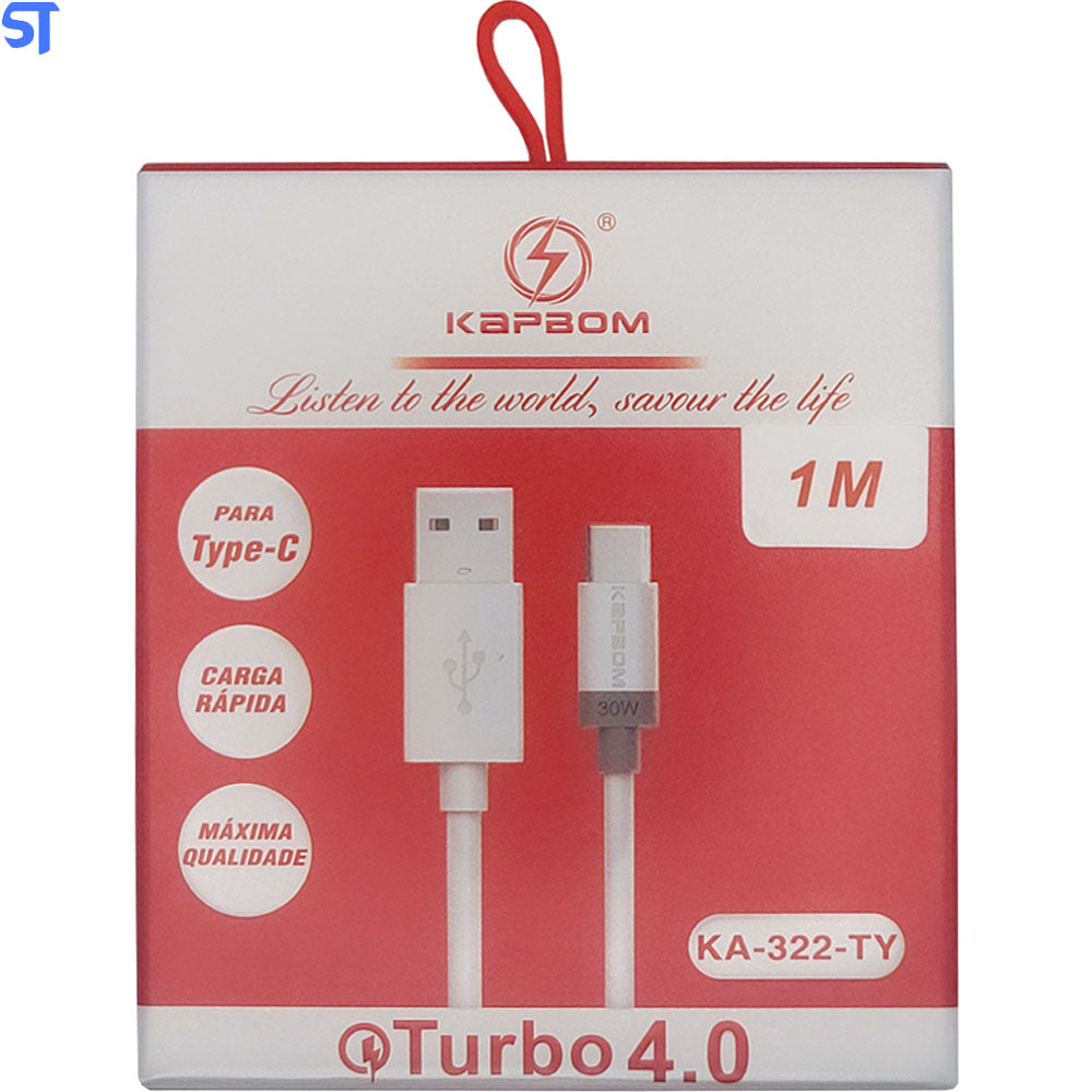 Cabo USB Para Tipo-C, Carga e Dados, Turbo 4.0, Cabo 1 Metro, KA-322-TY, KAPBOM, Branco