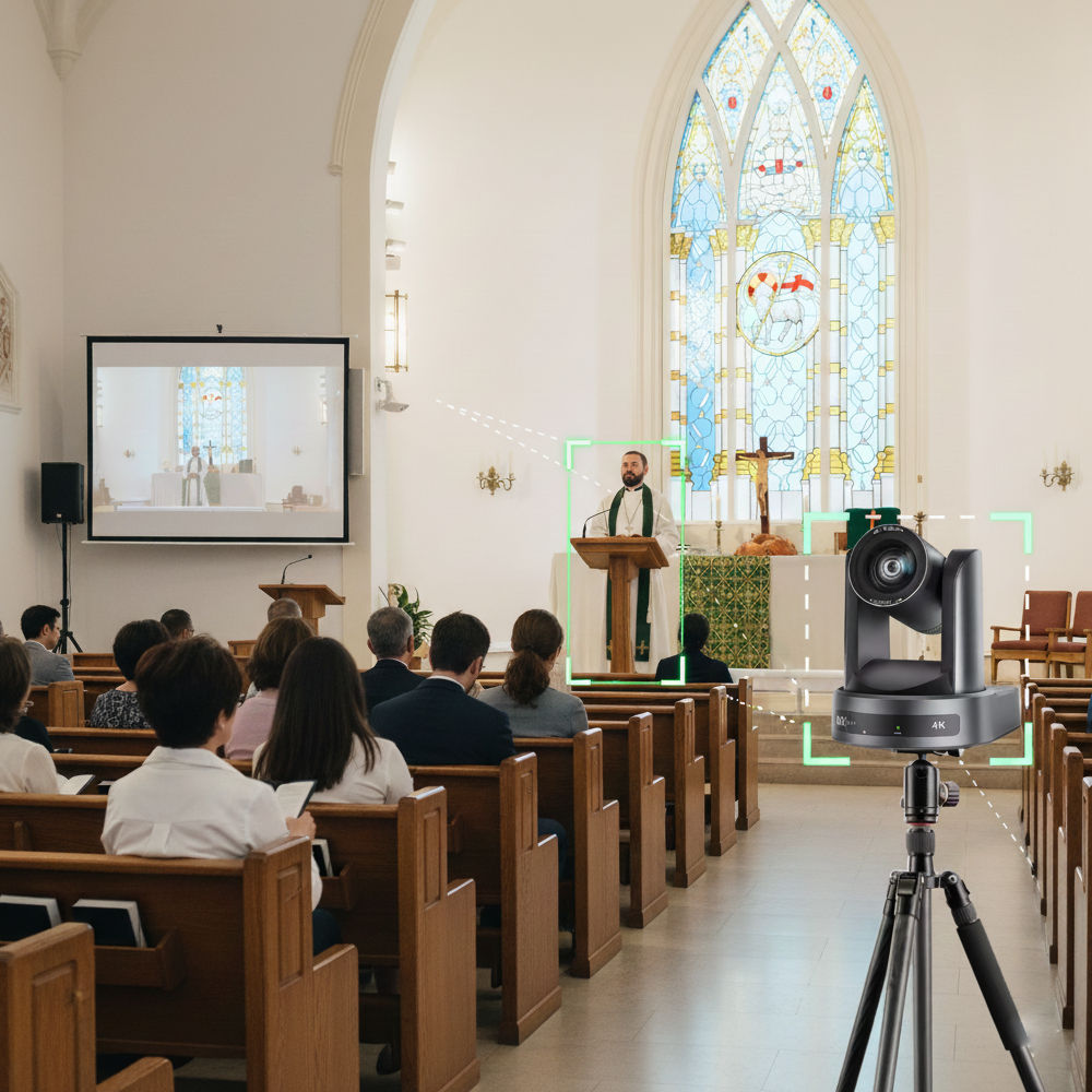 Câmera de Conferência PTZ 4K NDI Rastreamento Automático com IA, Zoom 20X, SDI, HDMI, IP, USB, POE - Cinza