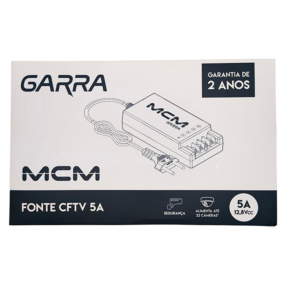Fonte de Energia 12V8 5A Garra, Para Câmeras de Segurança, CFTV, MCM, FON1378-RS-2
