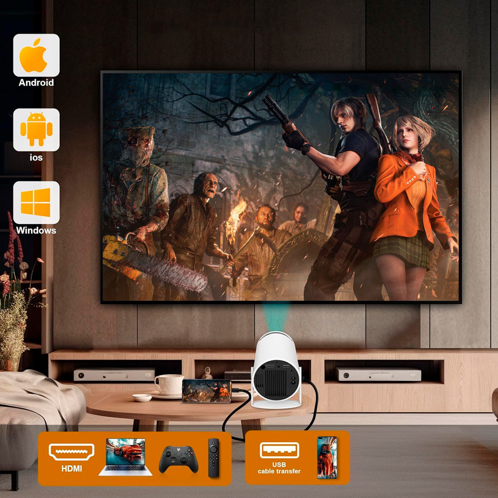 Mini Projetor Portatil, WiFi 6, Bluetooth 5.2, Android 11, 2.500 Lumens, LED 4K FHD, HY300 Pro - Branco